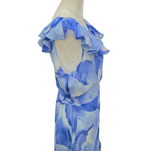 Lulus‎ Elevate The Occasion Wrap Dress Women's Medium Blue Floral Ruffle Hi Low - Picture 10 of 12